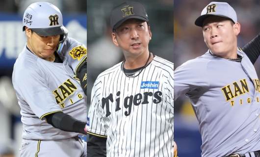 （左から）阪神・大山悠輔、藤川球児監督、及川雅貴