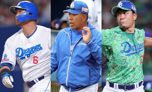 （左から）中日・中田翔、井上一樹監督、大野雄大