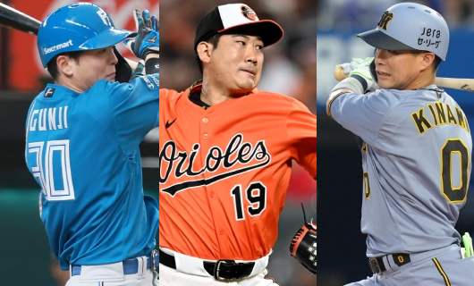 （左から）日本ハム・郡司裕也、オリオールズ・菅野智之、阪神・木浪聖也