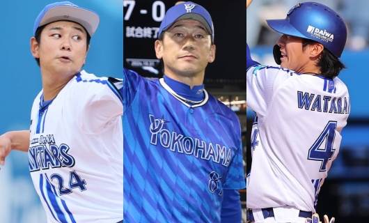 （左から）DeNA・吉野光樹、三浦大輔監督、度会隆輝