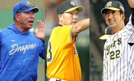 （左から）中日・井上一樹、巨人・阿部慎之助、阪神・藤川球児