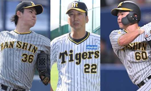 （左から）阪神・浜地真澄、藤川球児監督、小野寺暖