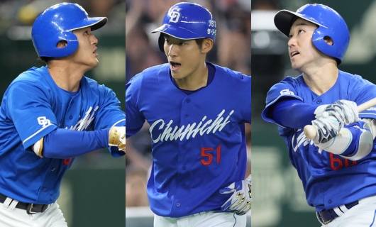 （左から）中日・板山祐太郎、上林誠知、山本泰寛