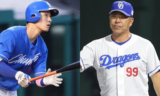 （左から）中日ドラゴンズ・上林誠知、井上一樹監督