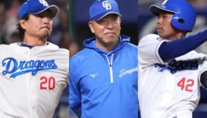 （左から）中日・涌井秀章、井上一樹監督、ブライト健太