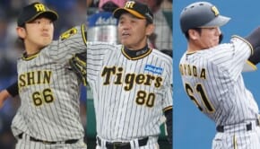（左から）阪神・小川一平、岡田彰布監督、豊田寛