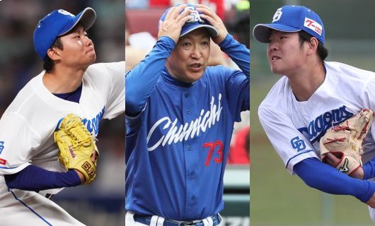 （左から）中日・近藤廉、立浪和義監督、森博人