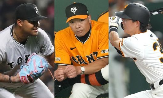 （左から）巨人のヨアンデル・メンデス、阿部慎之助監督、岡田悠希