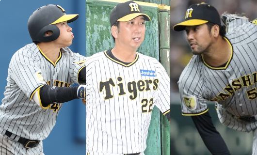 （左から）阪神・遠藤成、藤川球児新監督、加治屋蓮