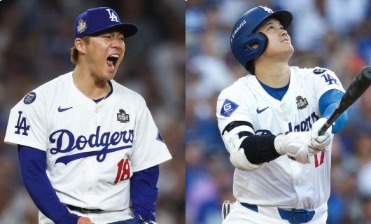 ロサンゼルス・ドジャースの山本由伸（左）と大谷翔平