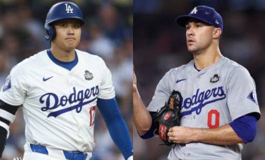 ロサンゼルス・ドジャースの大谷翔平（左）とジャック・フラハティ