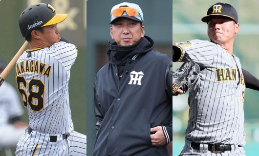 （左から）阪神・中川勇斗、藤川球児監督、川原陸