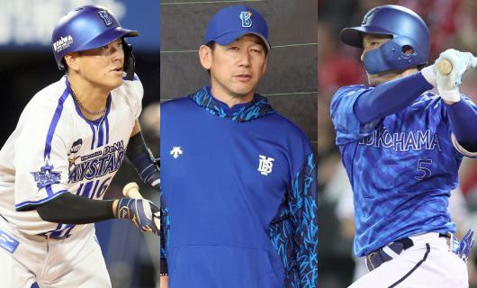 （左から）DeNA・蝦名達夫、三浦大輔監督、松尾汐恩