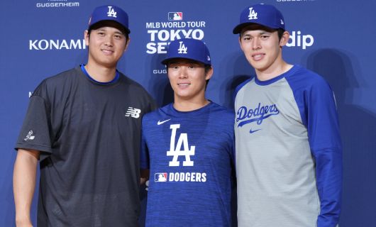 （左から）ロサンゼルス・ドジャースの大谷翔平、山本由伸、佐々木朗希