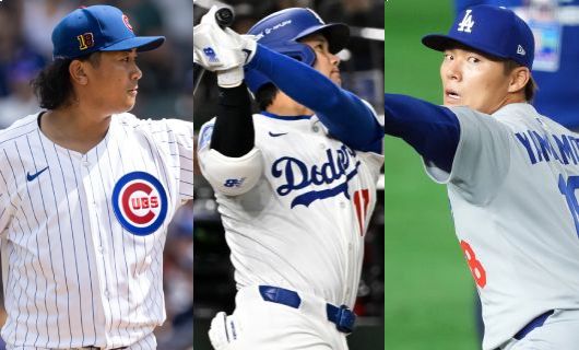 （左から）シカゴ・カブスの今永昇太、ロサンゼルス・ドジャースの大谷翔平、山本由伸