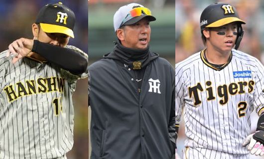 （左から）阪神・岩貞祐太、藤川球児監督、梅野隆太郎