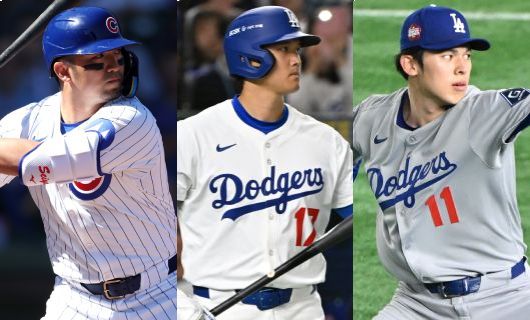 （左から）シカゴ・カブスの鈴木誠也、ロサンゼルス・ドジャースの大谷翔平、佐々木朗希