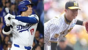 ロサンゼルス・ドジャースの大谷翔平（左）と阪神の才木浩人