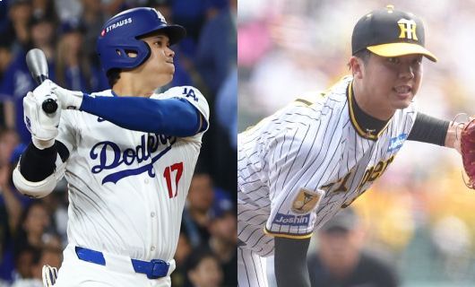 ロサンゼルス・ドジャースの大谷翔平（左）と阪神の才木浩人