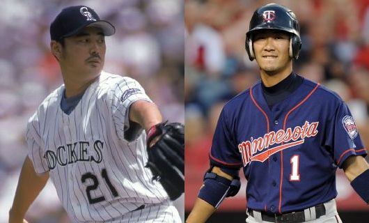 コロラド・ロッキーズ時代の吉井理人（左）とミネソタ・ツインズ時代の西岡剛