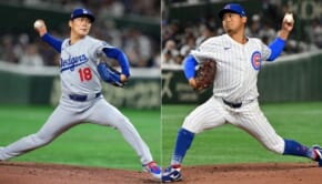 東京ドームでの開幕戦で投げ合うロサンゼルス・ドジャースの山本由伸投手とシカゴ・カブスの今永昇太投手