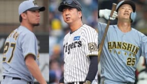 （左から）阪神タイガースの伊藤将司、藤川球児監督、渡邉諒