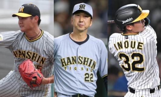 （左から）西純矢、藤川球児監督、井上広大