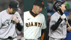 （左から）読売ジャイアンツの横川凱、阿部慎之助監督、萩尾匡也