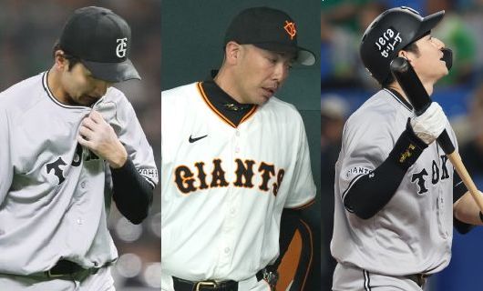 （左から）読売ジャイアンツの横川凱、阿部慎之助監督、萩尾匡也