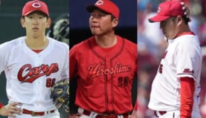 （左から）広島東洋カープの遠藤淳志、新井貴浩監督、松本竜也