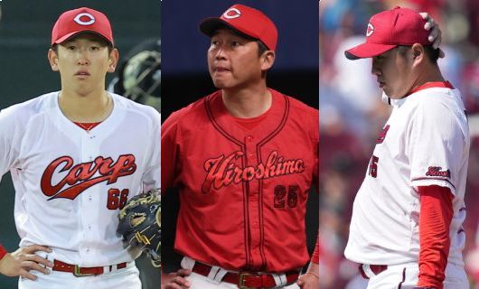 （左から）広島東洋カープの遠藤淳志、新井貴浩監督、松本竜也