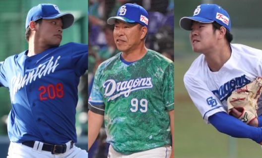 (左から)中日ドラゴンズの石川翔、井上一樹監督、森博人