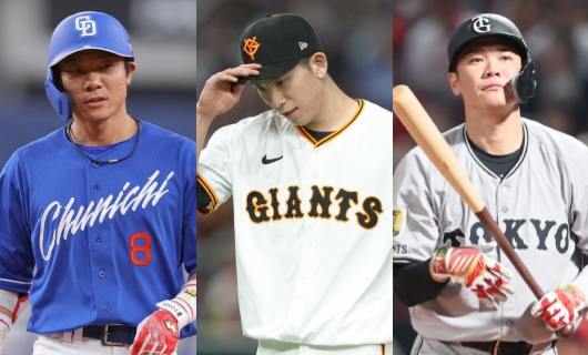 (左から)大島洋平、戸郷翔征、坂本勇人