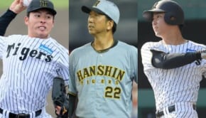 （左から）阪神タイガースの椎葉剛、藤川球児監督、井坪陽生