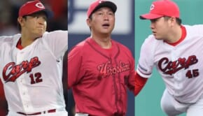 （左から）広島東洋カープの大道温貴、新井貴浩監督、松本竜也