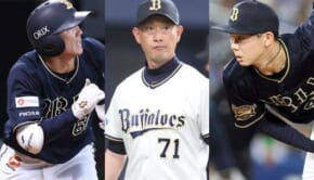 （左から）オリックス・バファローズの茶野篤政、岸田護監督、本田仁海