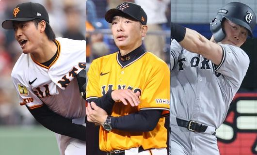 （左から）読売ジャイアンツの西舘勇陽、阿部慎之助監督、岡田悠希
