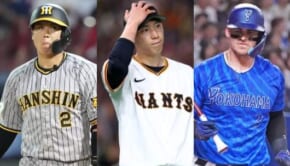 （左から）梅野、戸郷、オースティン