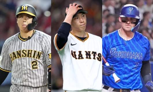 （左から）梅野、戸郷、オースティン
