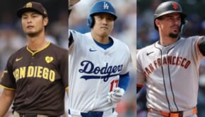 (左から)ダルビッシュ、大谷、アダメス