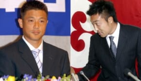 中日ドラゴンズ時代の大塚晶文（左）と読売ジャイアンツ時代の清水隆行