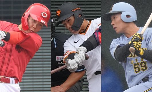 (左から)広島東洋カープの持丸泰輝、読売ジャイアンツの中田歩夢、阪神タイガースの藤田健斗